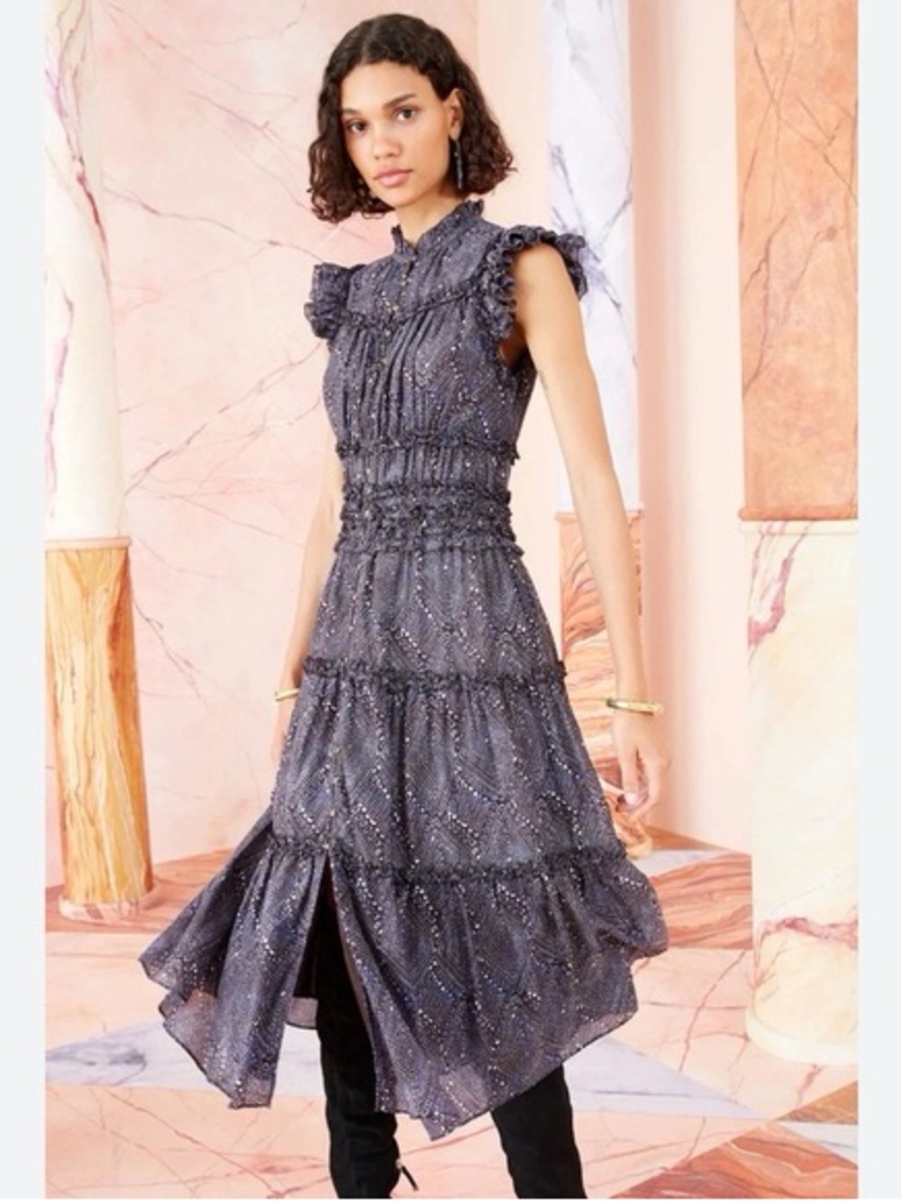 Ulla Johnson Charcoal Gray Sleeveless Ruffled High-Low Dress